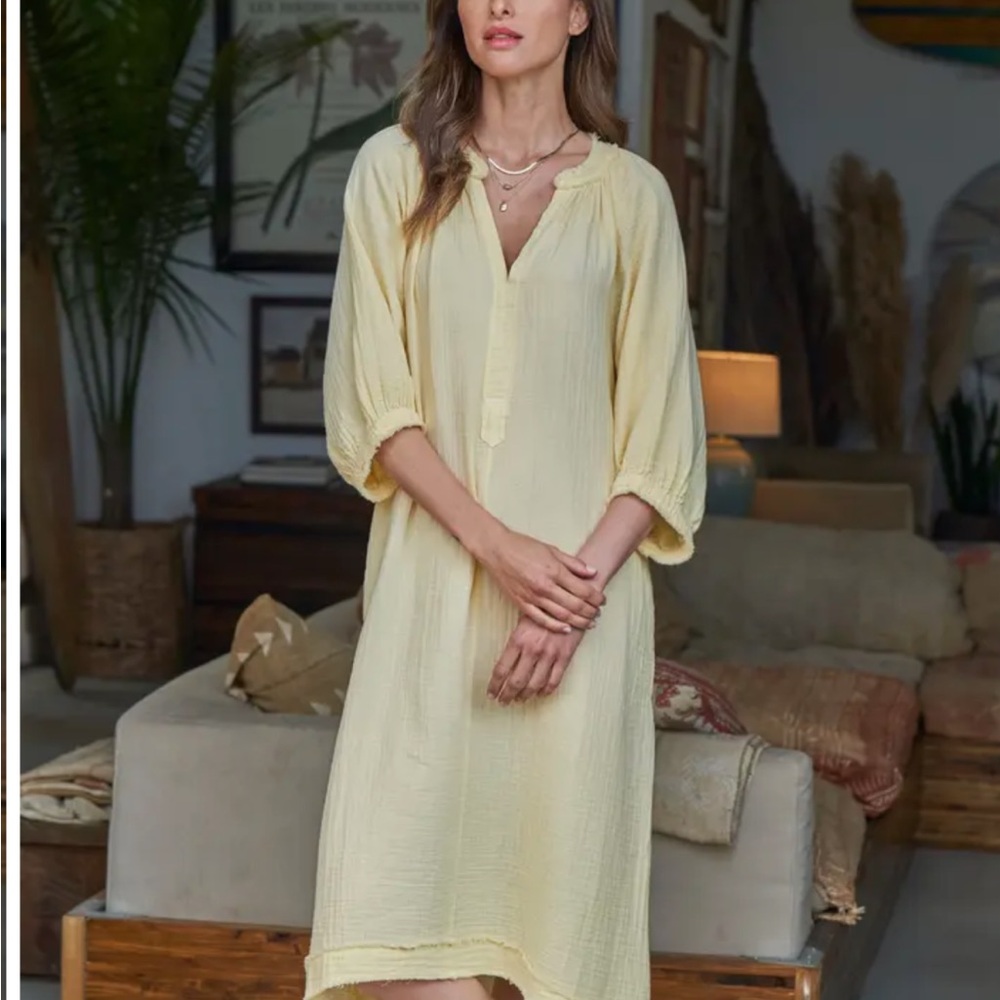 Ocean + Main Yellow Gauze Midi Dress with Pockets S/M - Picture 2 of 11